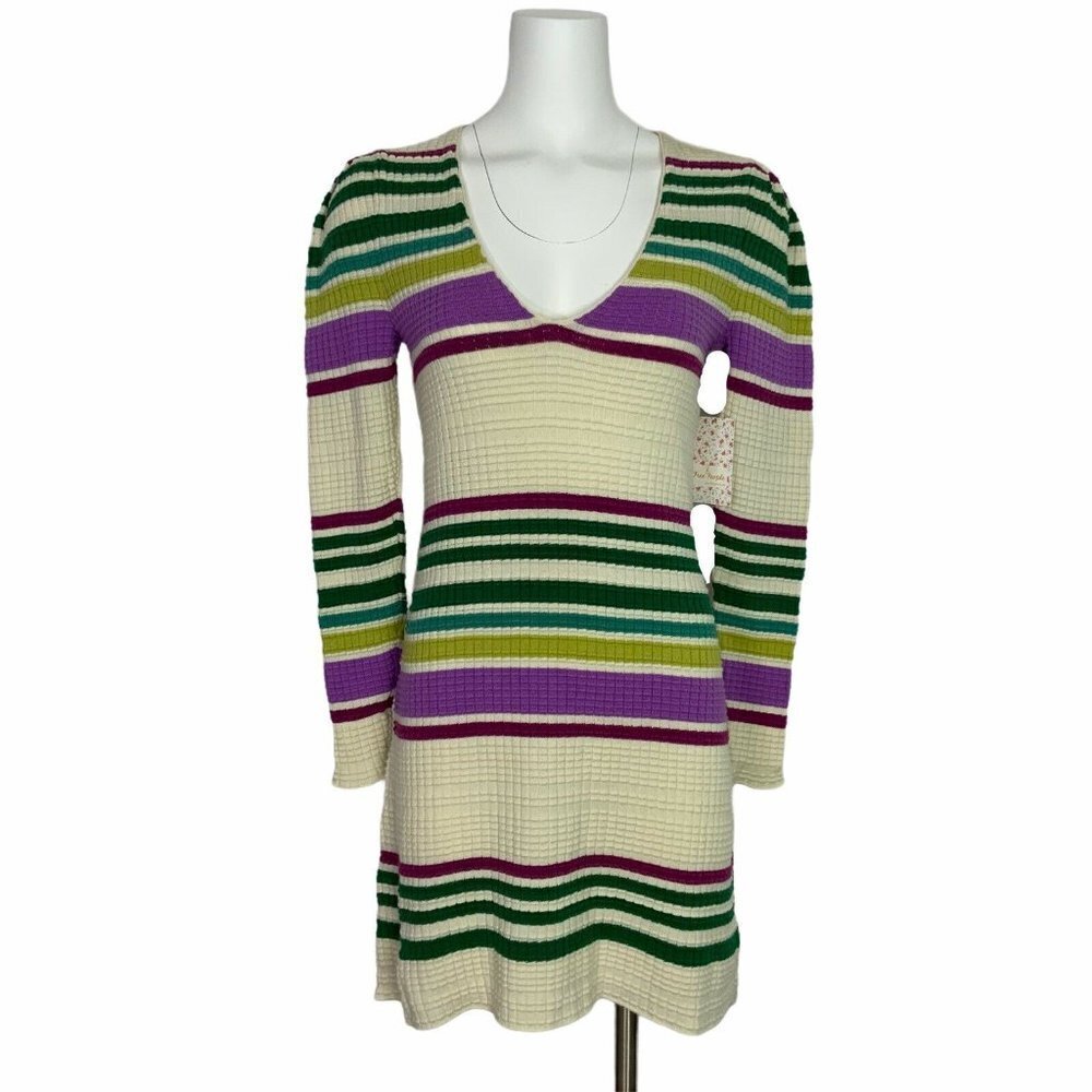 NWT Free People Gidget v-neck long sleeve Sweater Dress XS Multi-Color S…
